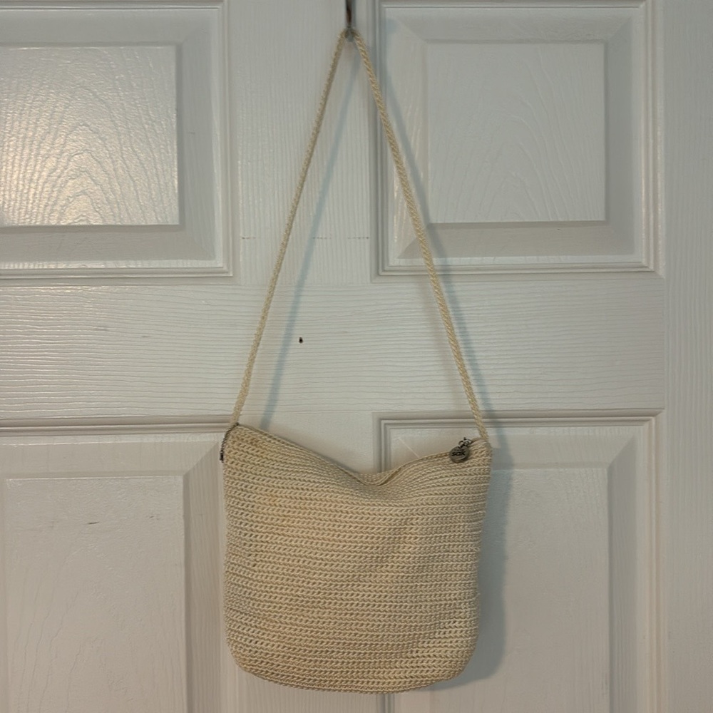 THE SAK woven lined mini purse bag crochet handle interior zippered pocket cream